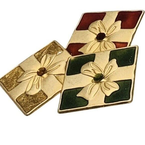 Vintage Christmas Presents Gift Brooch Pin 2.5" Icy Rhinestone Enamel Gold-tone - Picture 7 of 9